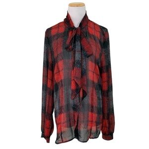 Marc Aurel Plaid Bow Neck Long Sleeve Blouse Red Black Size 42 Semi Sheer